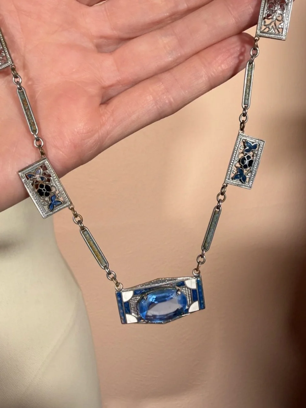Antique Art Deco 1920 Blue Checho Glass Guilloche enamel choker Necklace - Picture 4 of 17
